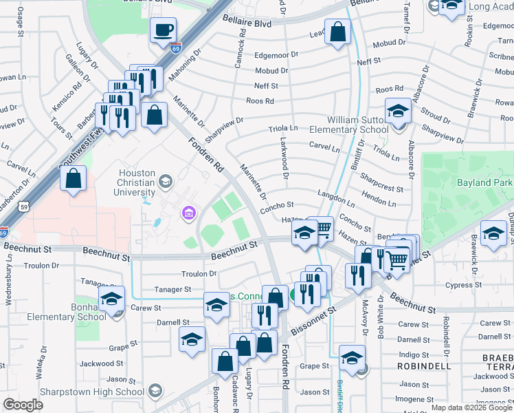 map of restaurants, bars, coffee shops, grocery stores, and more near 7831 Fondren Road in Houston