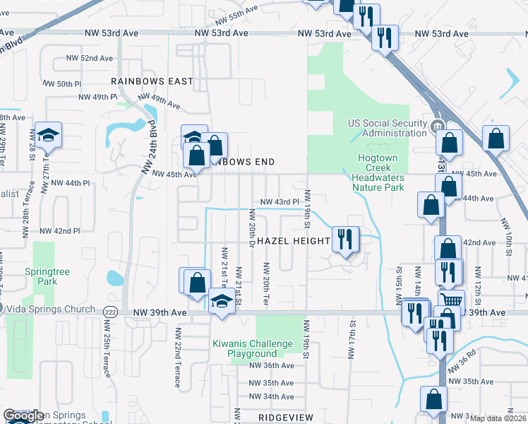 map of restaurants, bars, coffee shops, grocery stores, and more near 2015 Northwest 43 Place in Gainesville