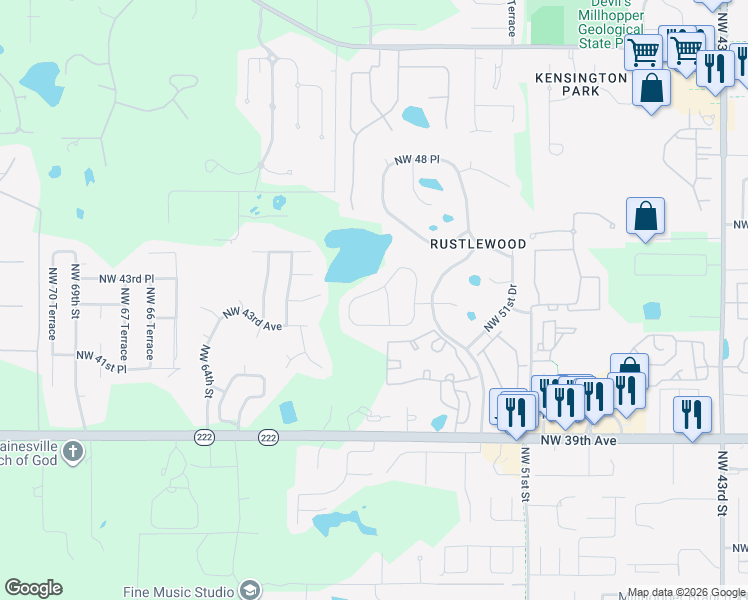map of restaurants, bars, coffee shops, grocery stores, and more near 5717 Northwest 43rd Road in Gainesville