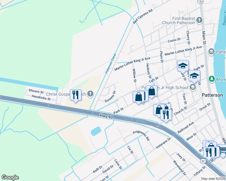 map of restaurants, bars, coffee shops, grocery stores, and more near 137 Domino Drive in Patterson