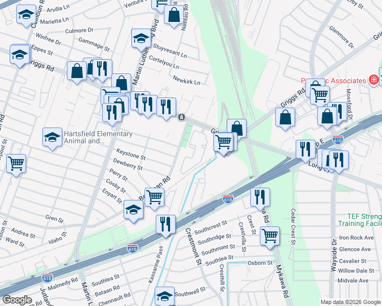 map of restaurants, bars, coffee shops, grocery stores, and more near 5514 Griggs Road in Houston