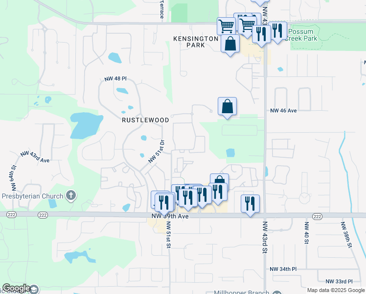 map of restaurants, bars, coffee shops, grocery stores, and more near 4988 Northwest 43rd Avenue in Gainesville