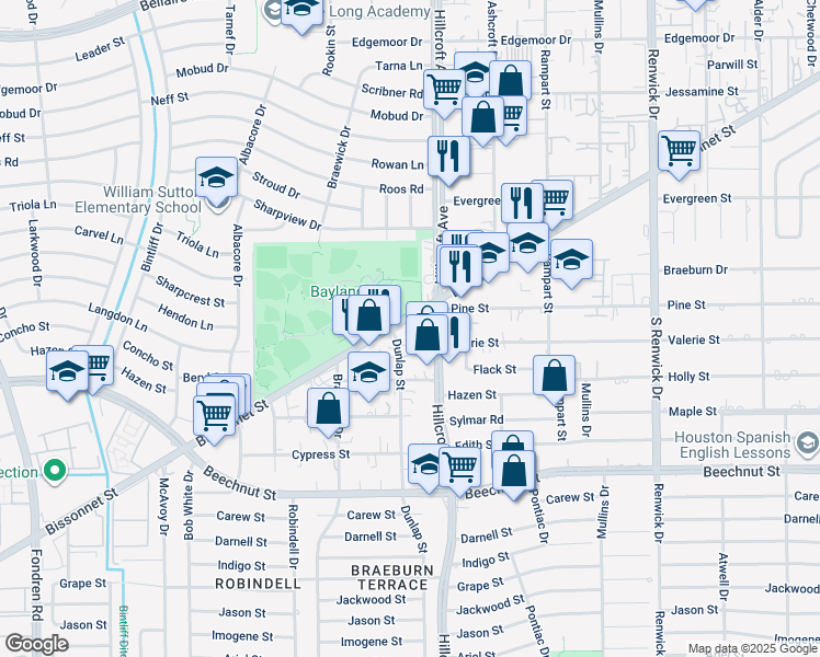map of restaurants, bars, coffee shops, grocery stores, and more near 6321 Bissonnet Street in Houston