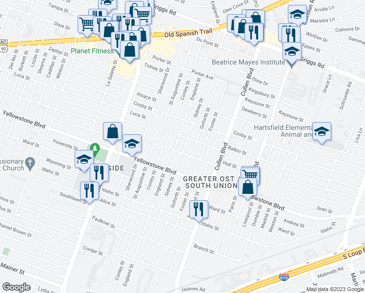 map of restaurants, bars, coffee shops, grocery stores, and more near 6520 Sidney Street in Houston