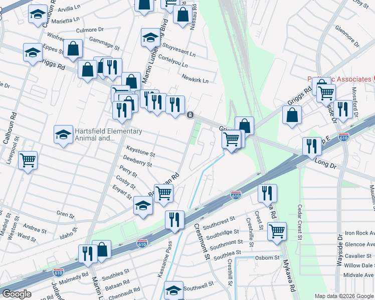map of restaurants, bars, coffee shops, grocery stores, and more near 6021 Beekman Road in Houston