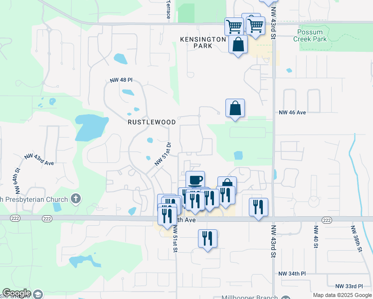 map of restaurants, bars, coffee shops, grocery stores, and more near 5046 Northwest 43rd Avenue in Gainesville
