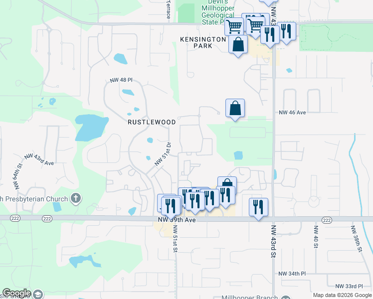 map of restaurants, bars, coffee shops, grocery stores, and more near 5046 Northwest 43rd Avenue in Gainesville