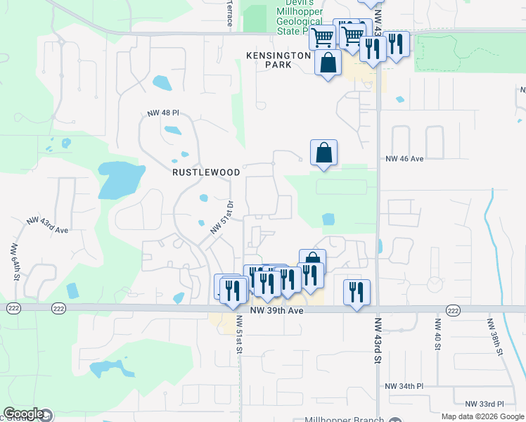 map of restaurants, bars, coffee shops, grocery stores, and more near 5046 Northwest 43rd Avenue in Gainesville