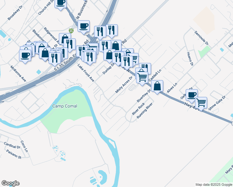 map of restaurants, bars, coffee shops, grocery stores, and more near 1046 Misty Acres Drive in New Braunfels