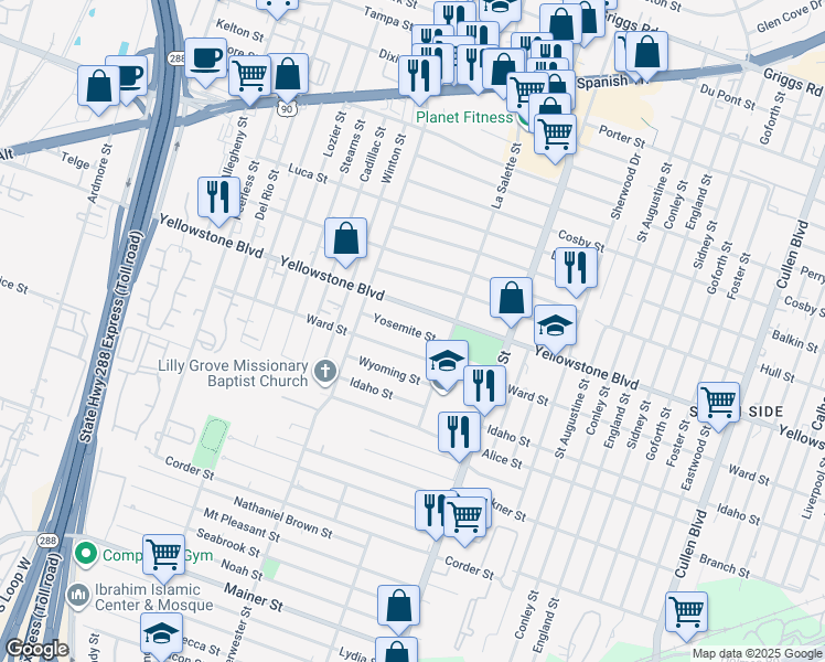 map of restaurants, bars, coffee shops, grocery stores, and more near Yosemite Street in Houston