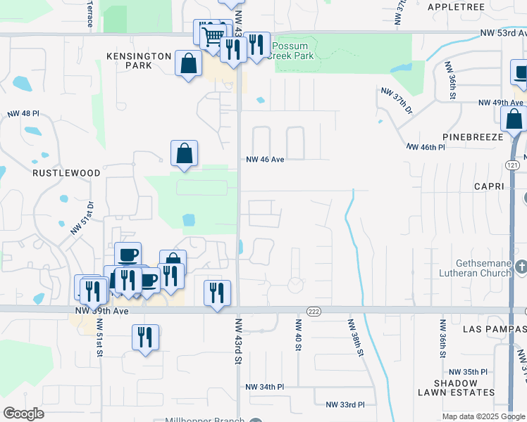 map of restaurants, bars, coffee shops, grocery stores, and more near 4229 Northwest 43rd Street in Gainesville