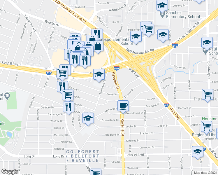 map of restaurants, bars, coffee shops, grocery stores, and more near 3499 Evergreen Drive in Houston