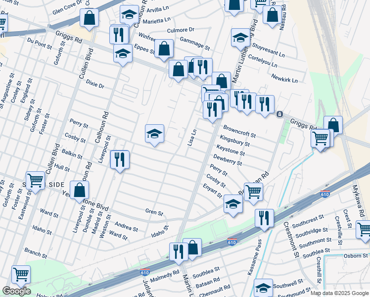 map of restaurants, bars, coffee shops, grocery stores, and more near 5103 Dewberry Street in Houston