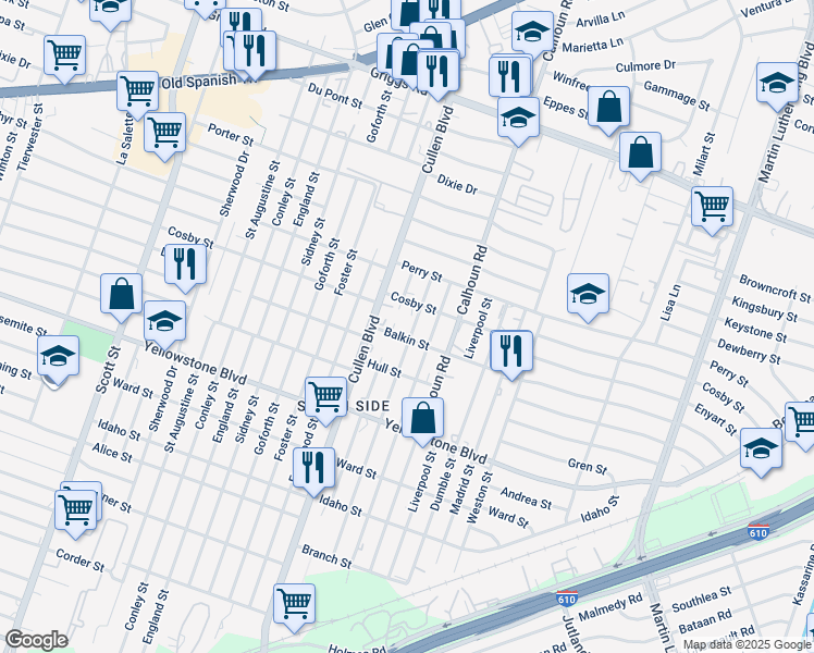 map of restaurants, bars, coffee shops, grocery stores, and more near 6417 London Street in Houston