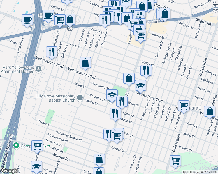 map of restaurants, bars, coffee shops, grocery stores, and more near 3734 Yellowstone Boulevard in Houston