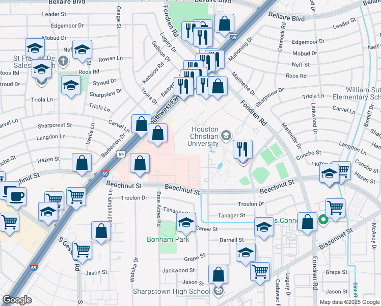 map of restaurants, bars, coffee shops, grocery stores, and more near 7480 Beechnut Street in Houston