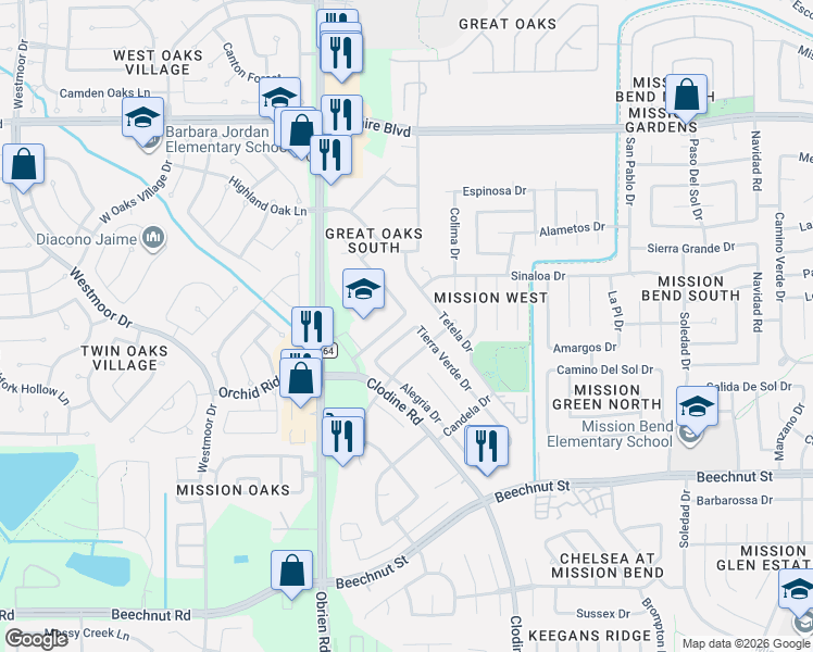 map of restaurants, bars, coffee shops, grocery stores, and more near 17010 Mercado Drive in Houston