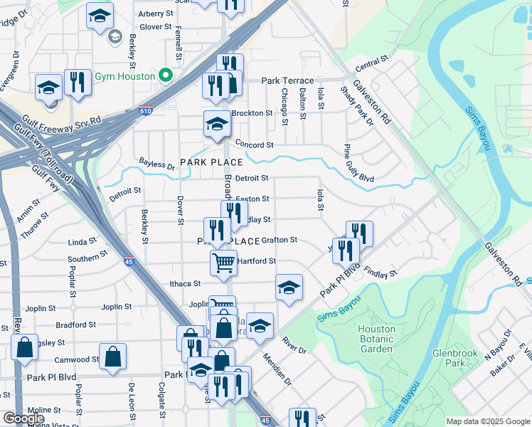 map of restaurants, bars, coffee shops, grocery stores, and more near 8157 Findlay Street in Houston