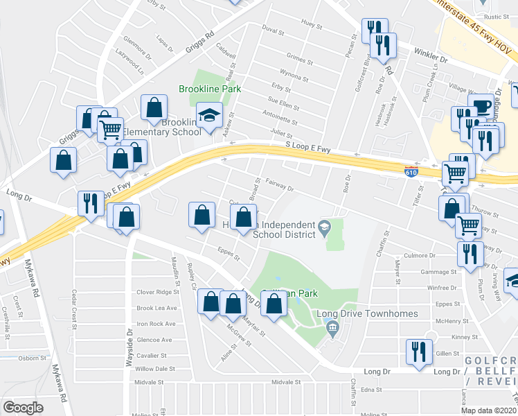 map of restaurants, bars, coffee shops, grocery stores, and more near 6511 Culmore Drive in Houston