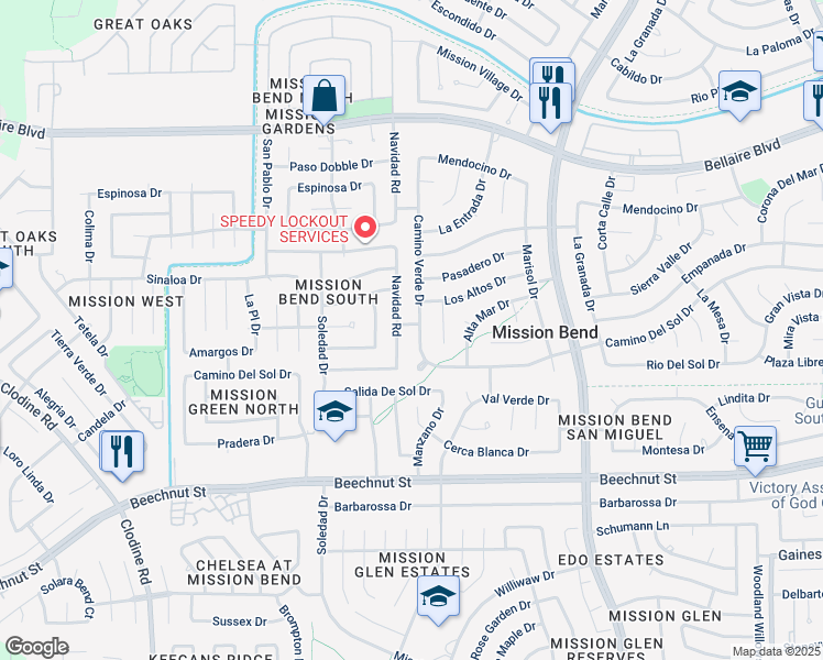map of restaurants, bars, coffee shops, grocery stores, and more near 7402 Camino Verde Drive in Houston