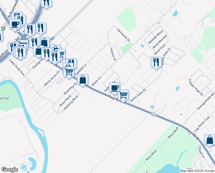 map of restaurants, bars, coffee shops, grocery stores, and more near 207 Oelkers Drive in New Braunfels