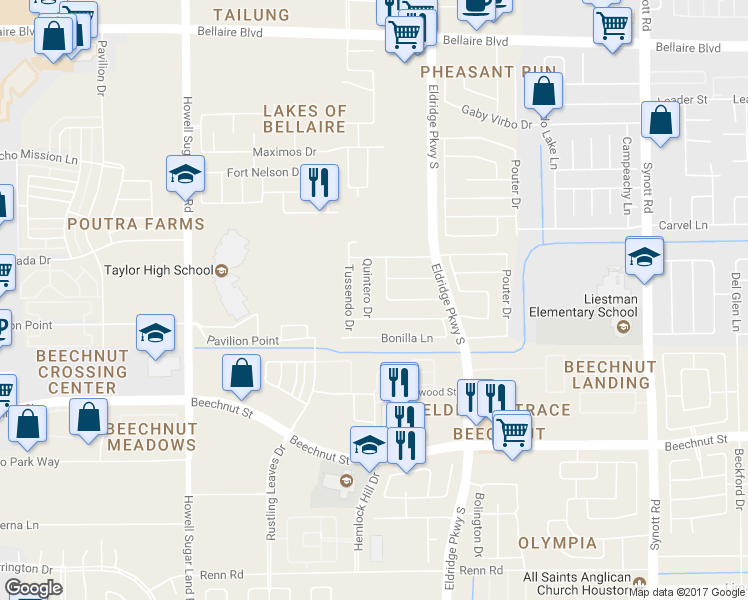 map of restaurants, bars, coffee shops, grocery stores, and more near 7711 Quintero Drive in Houston
