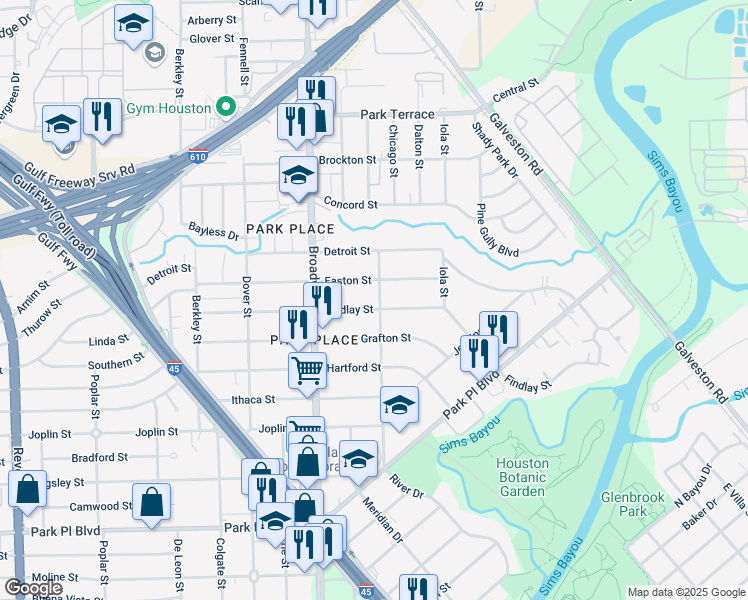 map of restaurants, bars, coffee shops, grocery stores, and more near 8157 Findlay Street in Houston