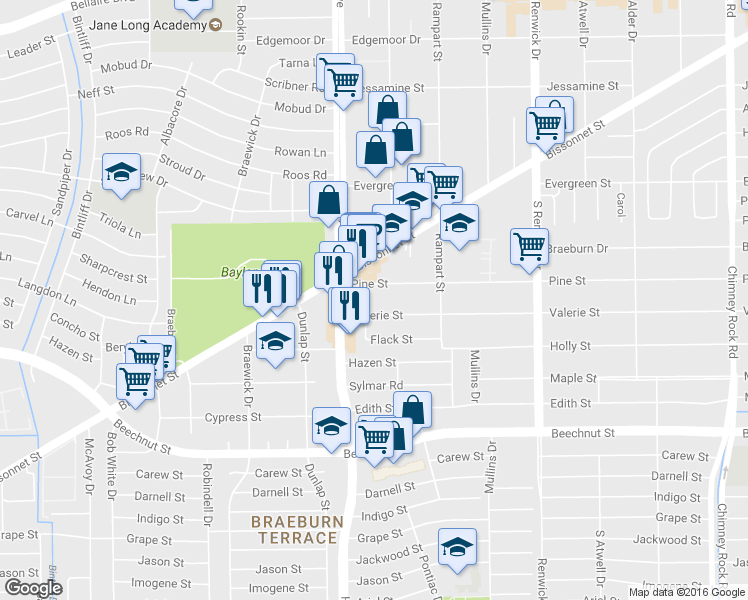 map of restaurants, bars, coffee shops, grocery stores, and more near 5661 Pine Street in Houston