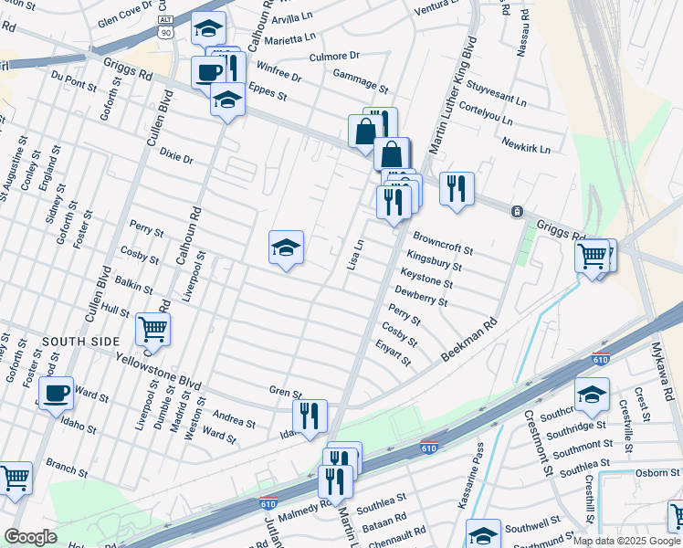 map of restaurants, bars, coffee shops, grocery stores, and more near 5103 Dewberry Street in Houston
