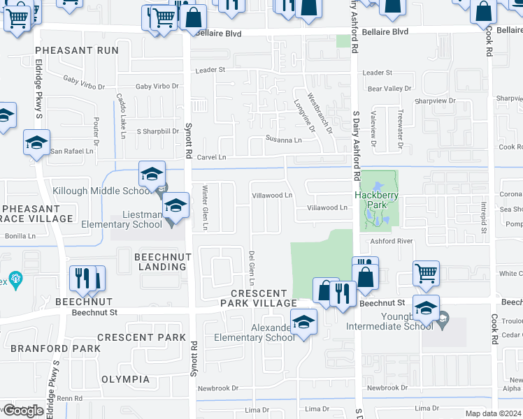 map of restaurants, bars, coffee shops, grocery stores, and more near 7618 Miller Glen Lane in Houston