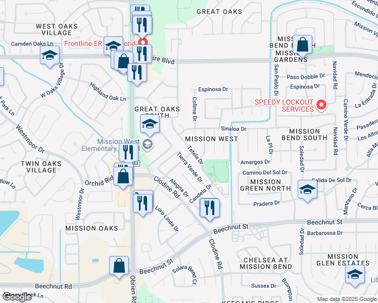 map of restaurants, bars, coffee shops, grocery stores, and more near 7434 Tetela Drive in Houston