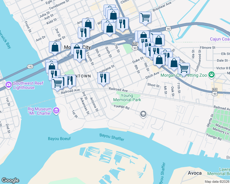 map of restaurants, bars, coffee shops, grocery stores, and more near 699 Barrow Street in Morgan City