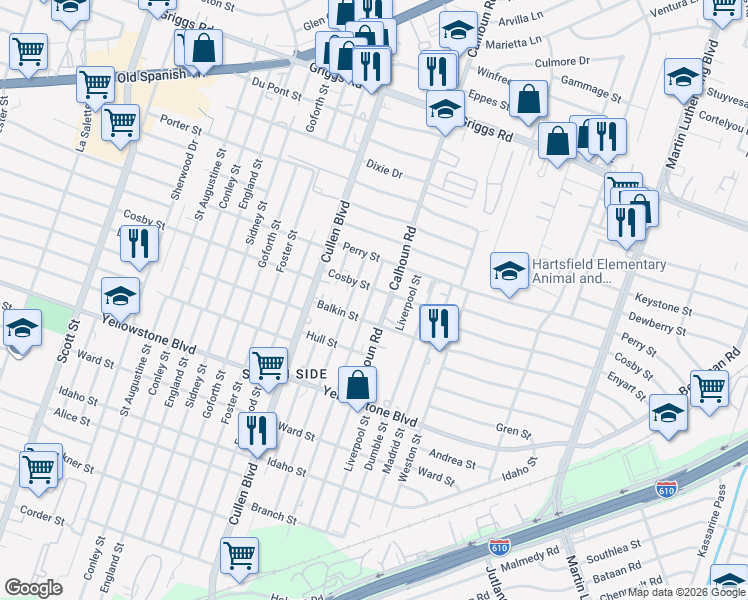 map of restaurants, bars, coffee shops, grocery stores, and more near 6409 Paris Street in Houston