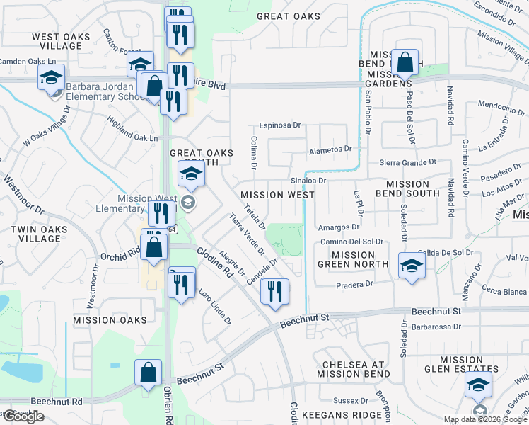 map of restaurants, bars, coffee shops, grocery stores, and more near 7518 Arista Drive in Houston