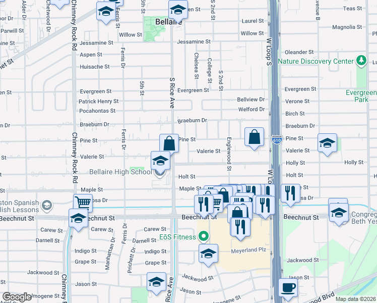 map of restaurants, bars, coffee shops, grocery stores, and more near Valerie Street in Bellaire