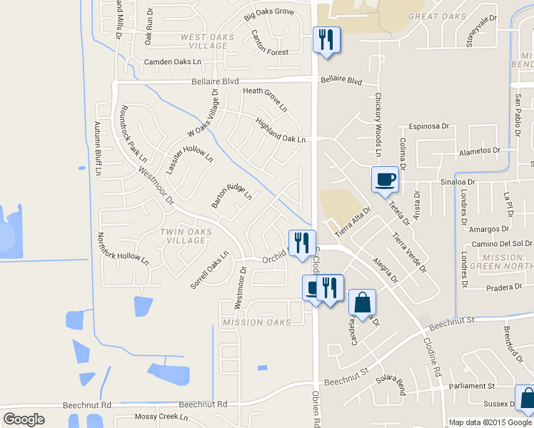 map of restaurants, bars, coffee shops, grocery stores, and more near 17915 Oakridge Canyon Lane in Richmond