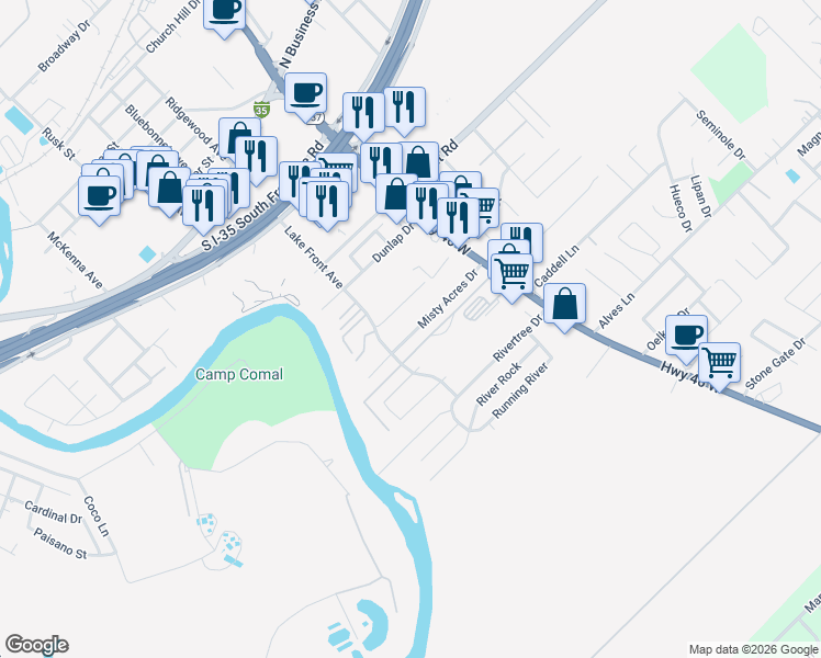 map of restaurants, bars, coffee shops, grocery stores, and more near 1037 Misty Acres Drive in New Braunfels