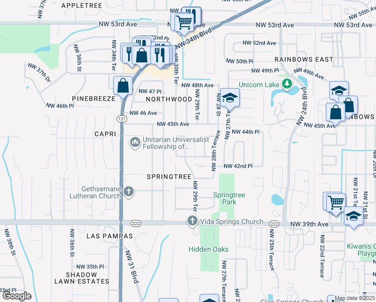 map of restaurants, bars, coffee shops, grocery stores, and more near 4319 Northwest 29th Terrace in Gainesville