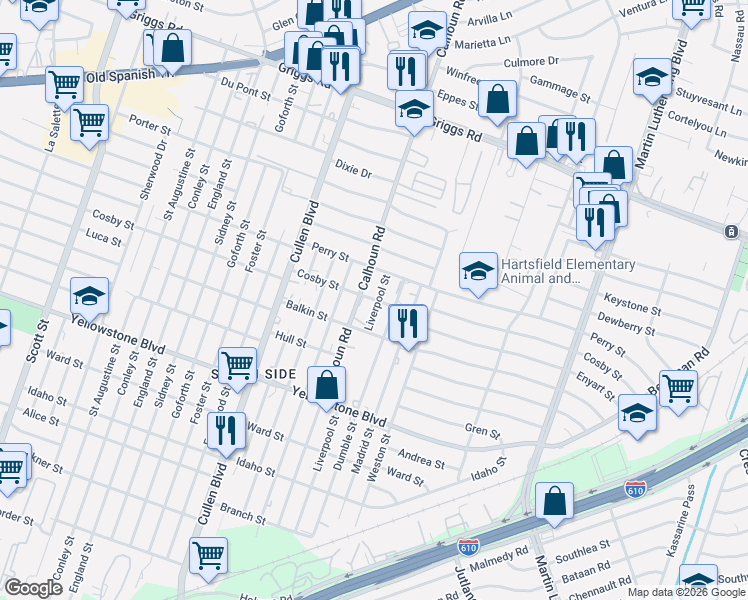 map of restaurants, bars, coffee shops, grocery stores, and more near 6318 Liverpool Street in Houston