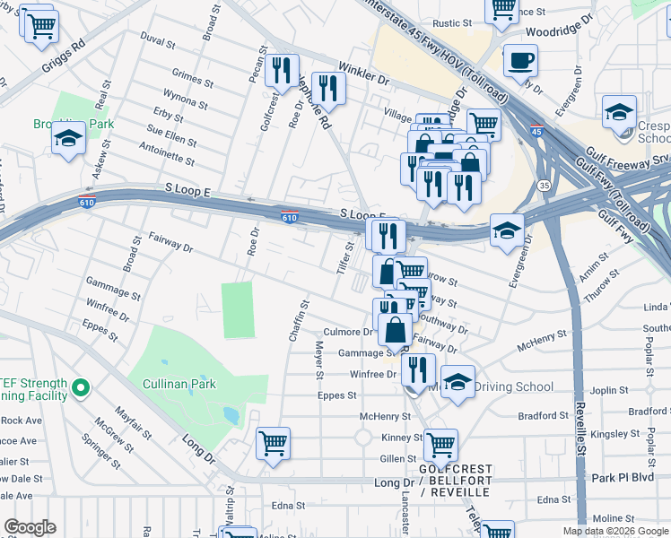 map of restaurants, bars, coffee shops, grocery stores, and more near 3135 Chaffin Street in Houston