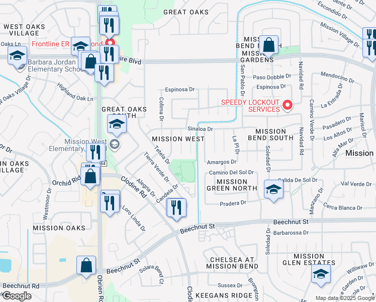map of restaurants, bars, coffee shops, grocery stores, and more near 7514 Tremendo Drive in Houston