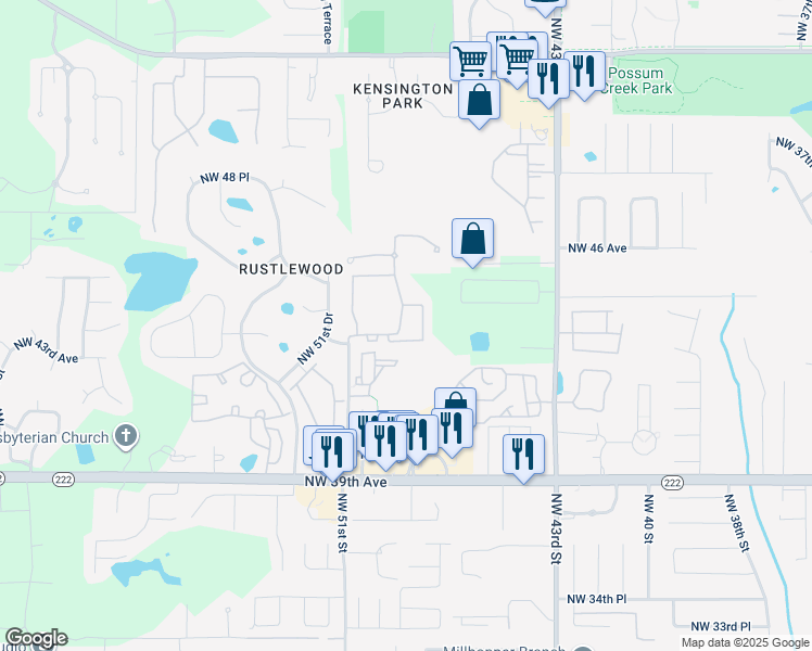 map of restaurants, bars, coffee shops, grocery stores, and more near 4341 Northwest 49th Street in Gainesville