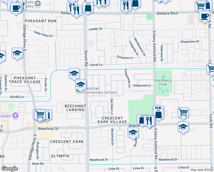 map of restaurants, bars, coffee shops, grocery stores, and more near 7615 Harpers Glen Lane in Houston