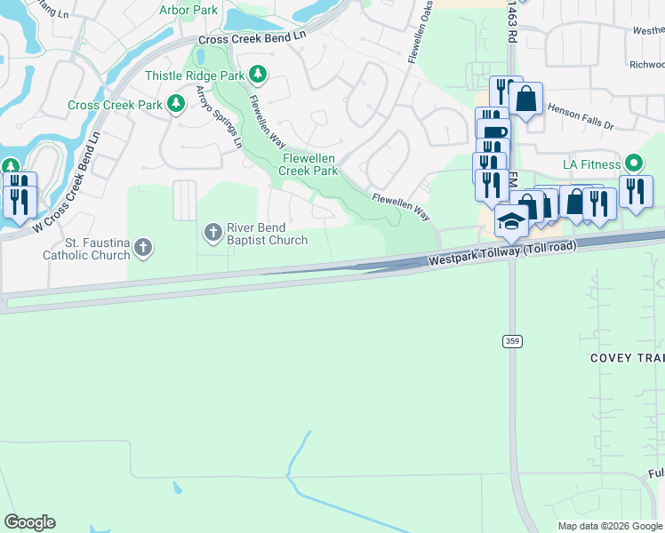 map of restaurants, bars, coffee shops, grocery stores, and more near 23600 Farm to Market 359 in Richmond