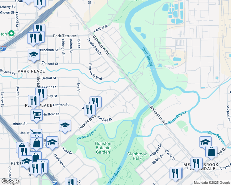 map of restaurants, bars, coffee shops, grocery stores, and more near 8405 Park Place Boulevard in Houston
