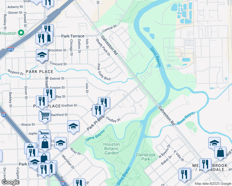 map of restaurants, bars, coffee shops, grocery stores, and more near 8406 Detroit Street in Houston