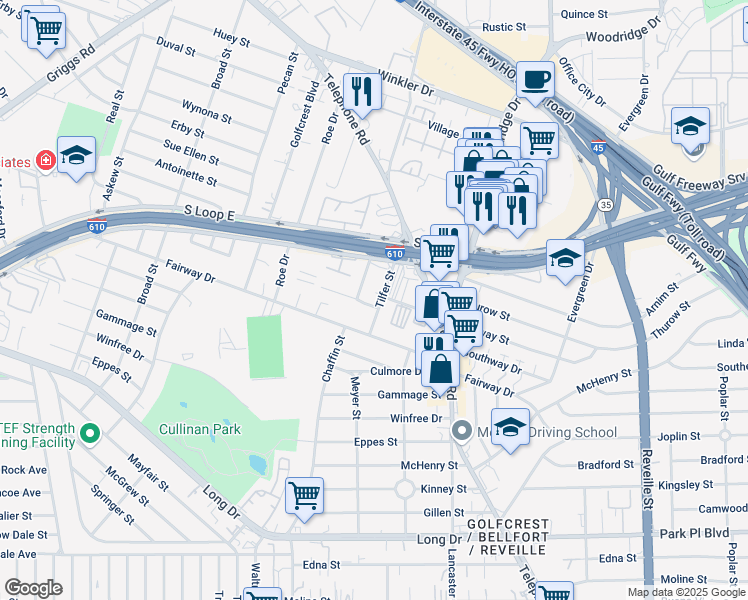 map of restaurants, bars, coffee shops, grocery stores, and more near 3135 Chaffin Street in Houston