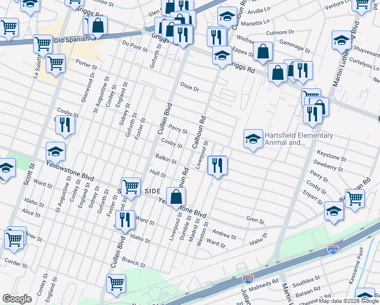 map of restaurants, bars, coffee shops, grocery stores, and more near 6409 Paris Street in Houston