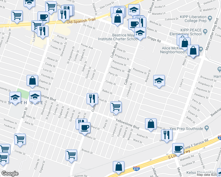 map of restaurants, bars, coffee shops, grocery stores, and more near 6417 London Street in Houston
