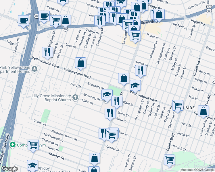 map of restaurants, bars, coffee shops, grocery stores, and more near 3734 Yellowstone Boulevard in Houston